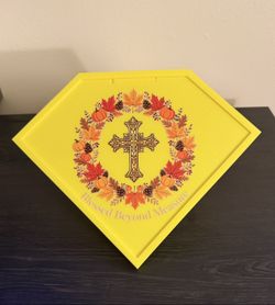 Blessed Beyond Measure Diamond Plaque — Fall Cross Wreath Sign with Easel Stand