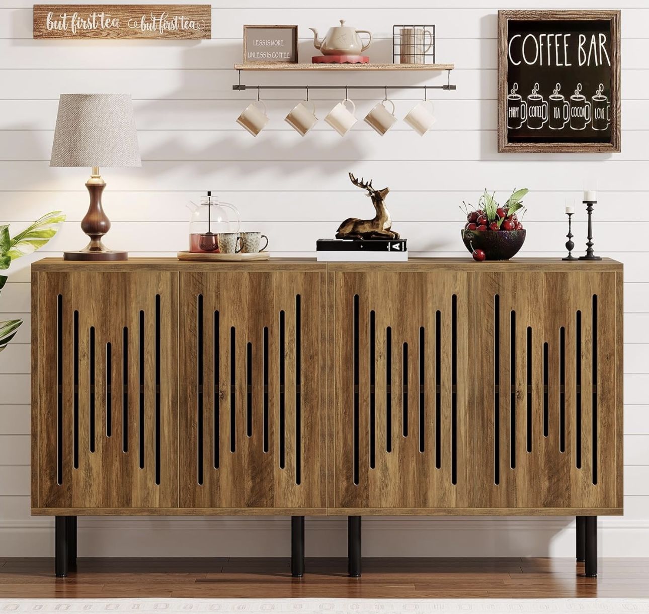 J0382 Set of 2 Sideboard Buffet with Storage, 59" Buffet Sideboard Cabinet with Adjustable Shelves, Accent Storage Cabinet for Living Room, Rustic Bro