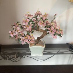 Vintage Chinese Jade Glass Petal Bonsai Tree  Cherry Blossom 14” in tall