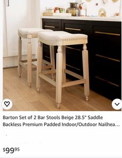 Barton Set of 2 Bar Stools Beige 28.5" Saddle Backless Premium Padded Indoor/Outdoor Nailhea...94036/2