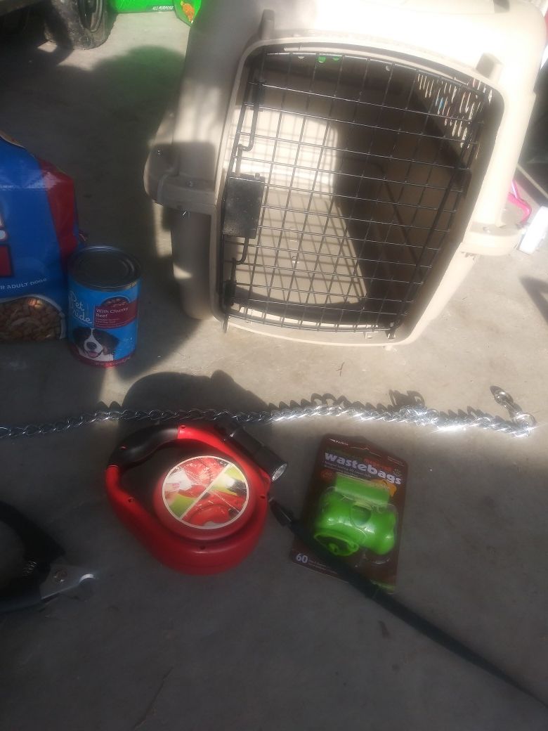 Used bundle of dog items. Crate, leash, food, bags