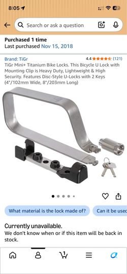 TiGr Mini+ Titanium Bike Lock w/ Mount + 2 Keys
