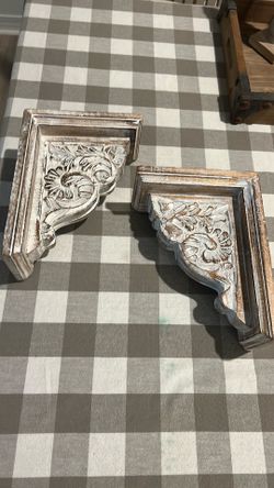 Shabby chic set of 2 carved wood shelfs