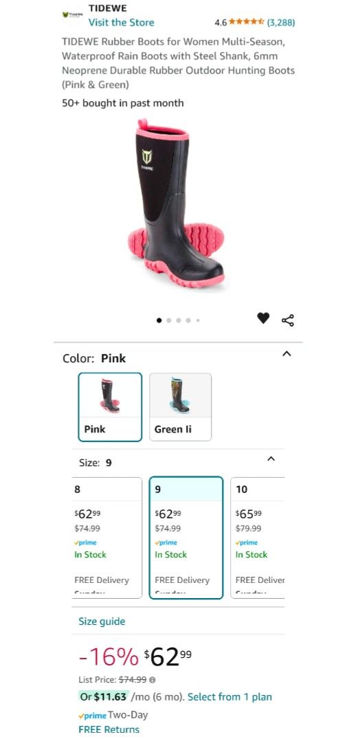 TIDEWE brand Rubber Boots for Women Size 9 Pink and Black