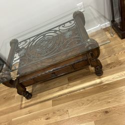 Glass Coffee Table with Matching End Tables – Elegant Carved Wood & Iron Design