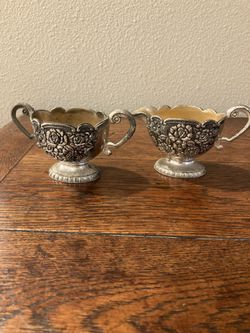Vintage Pewter Cram And Sugar with Embossed Floral Pattern
