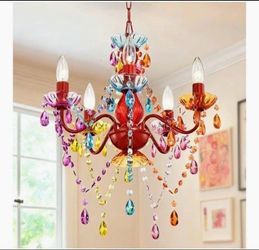 Colorful Chandelier for Bedroom Small 5-Light Acrylic Crystal Ceiling Light Fixture for Girls Bedroom, Pink Nursery Chandelier Lighting for Closet