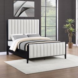 Black Wood Bed With Ivory Upholstered Headboard/Footboard - Queen & King Size Bed Available