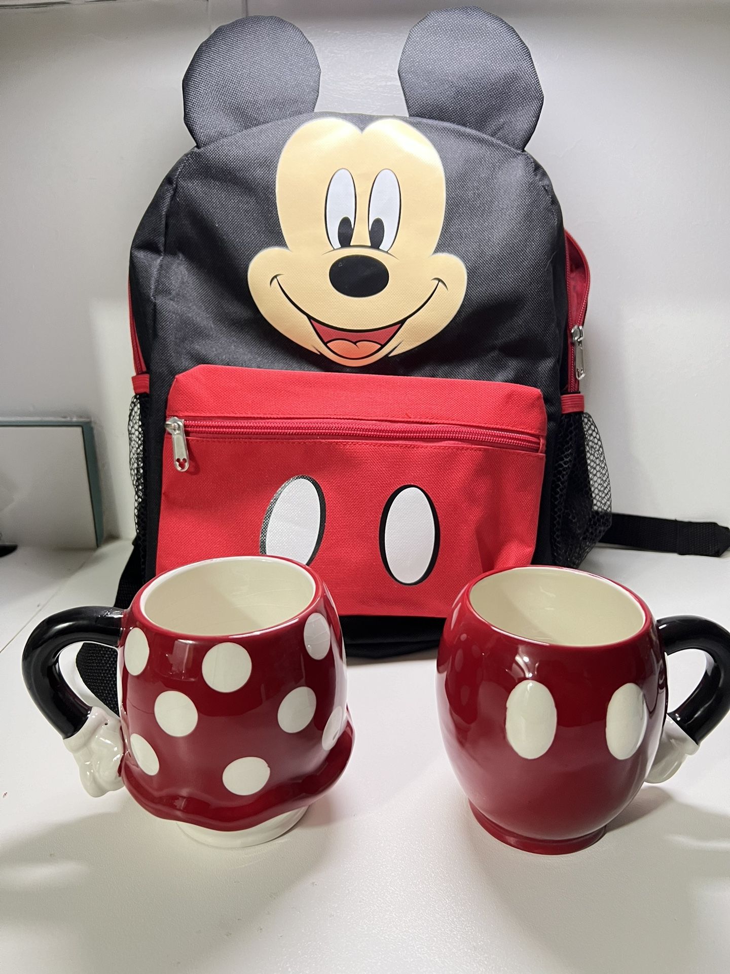 Disney Mickey Mouse Face/Ears Small 14” Backpack For Kids -DISNEY Mickey Mouse LARGE Red Coffee Mug Cup w/Hand & Arm, by Zak Desig 2 piece