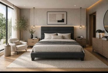 King Bed Frame Platform Bed with Fabric Upholstered Headboard and Wooden Slats Support, Fully Upholstered Mattress Foundation/No Box Spring Needed/Eas