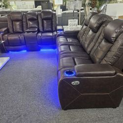 Brand New Brown Bonded Leather Motorized Reclining LED Sofa + Loveseat 2PCs Set