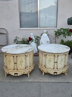 Vintage French Provincial Marble Top Round Nightstands - Pair