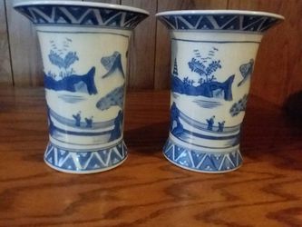 2 Vintage Seymour Mann China Blue Porcelain Two Pictorial Panel Vases