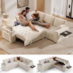 2603h $600 86" Modular Sectional Sleeper Sofa with Pull Out Bed, 5 Seat Chenille L Shaped Couch with USB Ports|Cup Holders|Side Table|Storage Lovesea