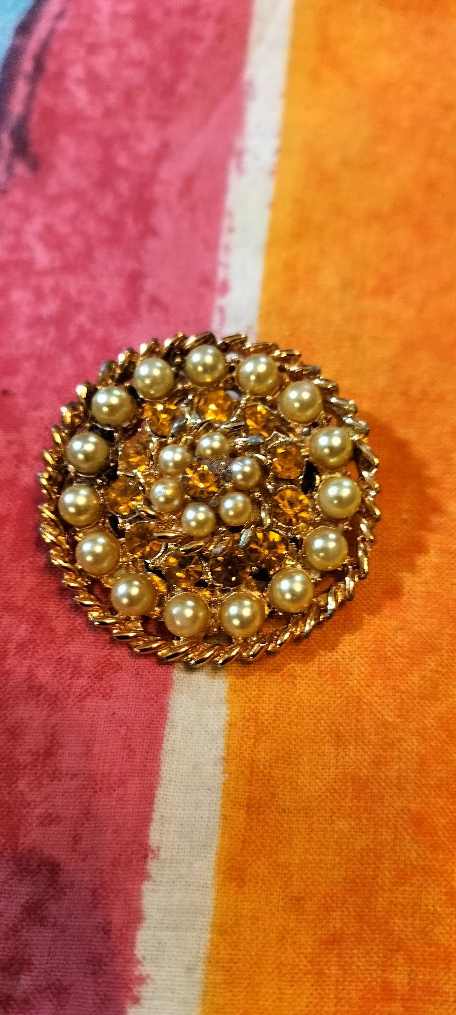 Vintage Large Round Faux Pearl Gold Brooch