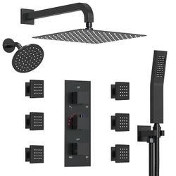 EVERSTEIN 12" Thermostatic Shower System with Handheld & 6 Body Jets 2 Colors Available SFS-1017-BK12/GD12