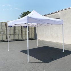 (NEW) $110 Heavy-Duty 10x10 ft Popup Canopy Tent Instant Shade w/ Carry Bag Rope Stake, White/Blue