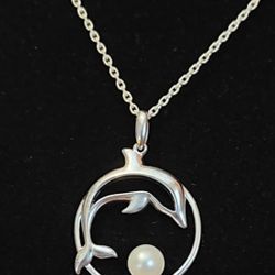 Swimming "Dolphin Play" Sterling Silver Circle Genuine Pearl Necklace (New)