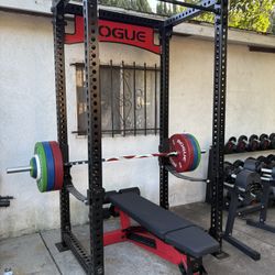 Rogue fitness set up for sale Monster rack , color plates ,manta ray bench, freedom bar etc