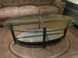 Oval Glass Top Coffee Table with Slate Shelf