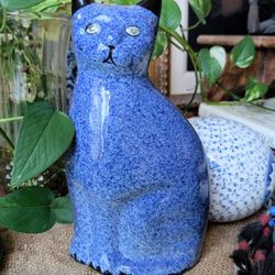 Vintage Ceramic Spongeware Cat Figurine Sitting Blue Speckled Paint