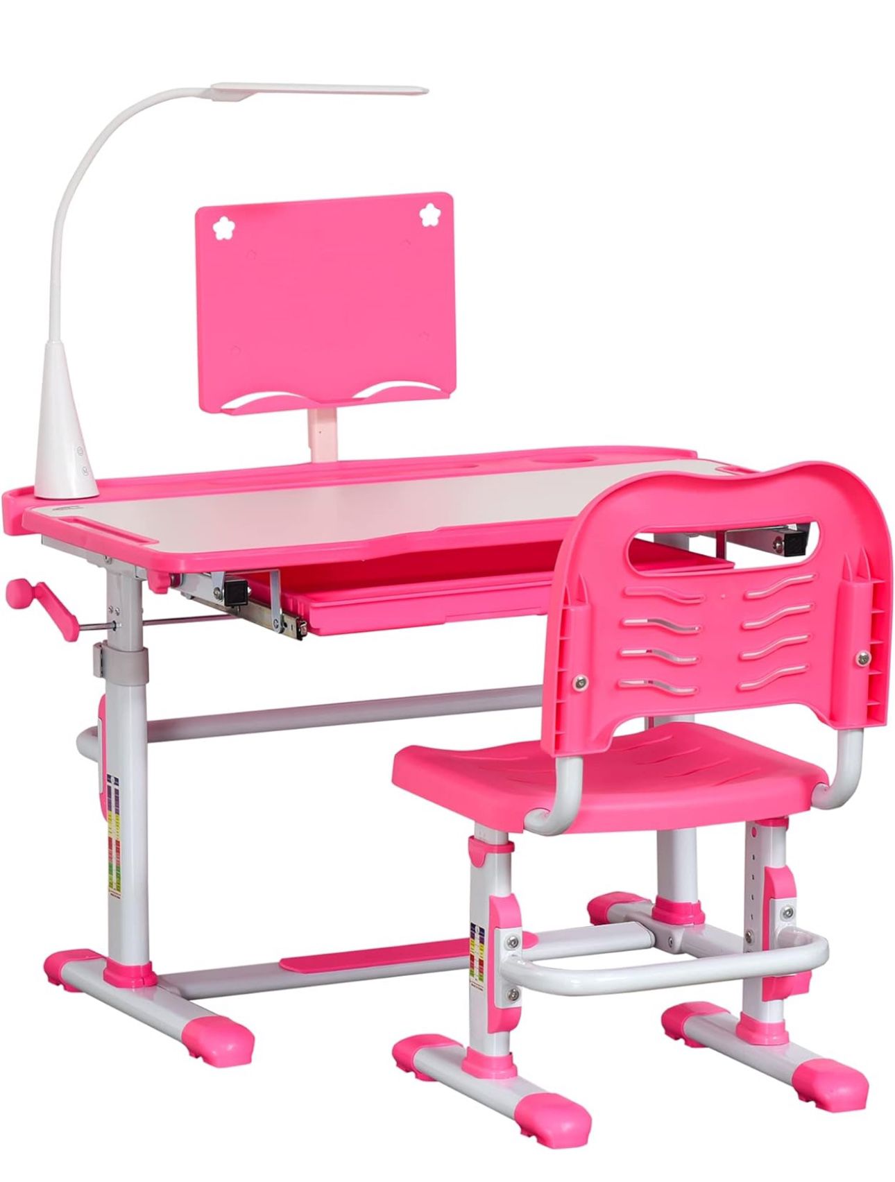Kids Desk and Chair Set, Height Adjustable School Study Table and Chair, Student Writing Desk with Tilt Desktop, LED Light, Pen Box, Drawer, Reading B