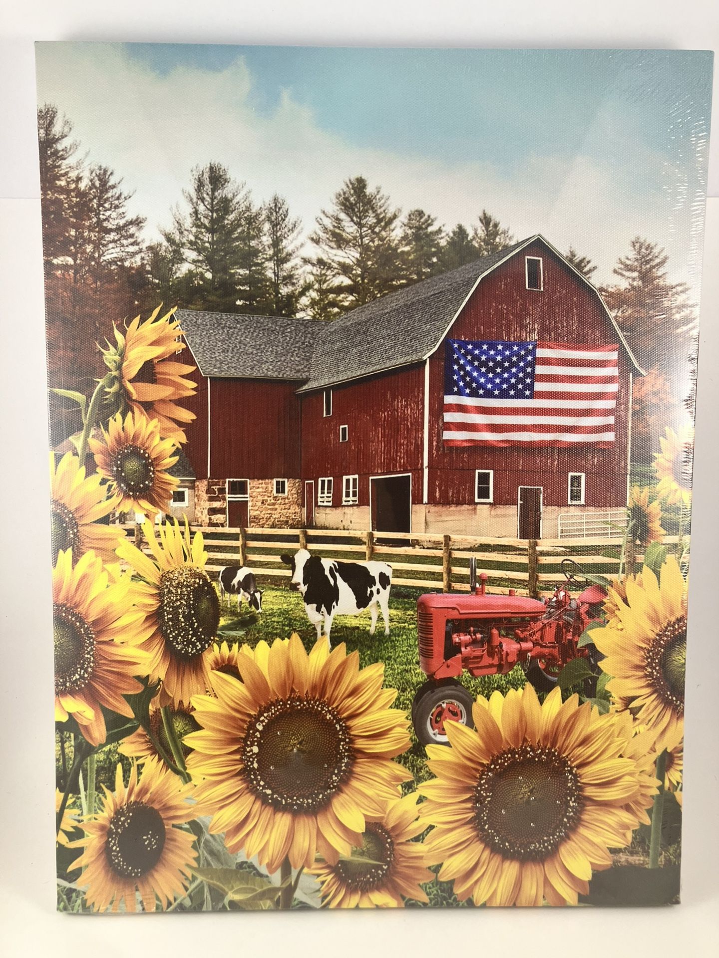 Red Barn, American Flag & Sunflowers Lights Up