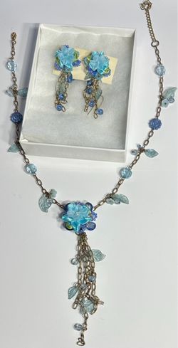 Whimsical Aqua Blue Enamel Flower & Leaf Statement Y-Necklace & Earrings Set