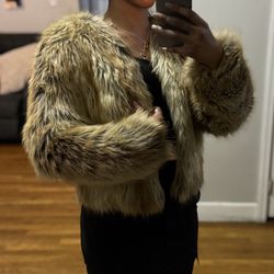 BSABLE Faux Fur Jacket XS Tan Brown Shaggy Cropped Coat Vintage Glam Y2K