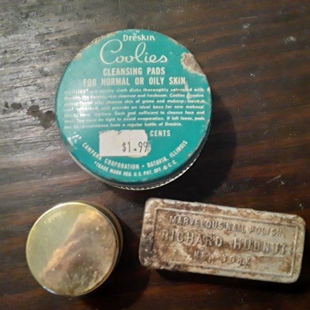 Vintage 1960s Cosmetic Jars and Tin -Dreskin Coolies-Germaine Monteil Cream-Richard Hudnut Polish