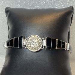Vintage Mexico Black Onyx Bar Panel Links Coin  Bracelet 8.25”