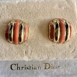 Christian Dior Coral Gold Stripes Earrings - BRAND NEW- 14K Gold Post