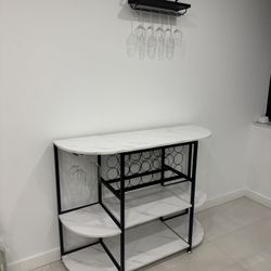 Modern White Marble Look Bar Cart Wine Rack Black Frame