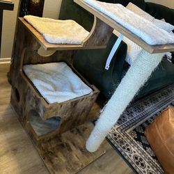 Wooden Cat Tree with Washable Pads & Scratching Post