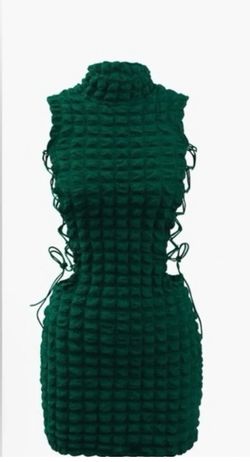 Green Textured Mini Dress with Lace-Up Sides