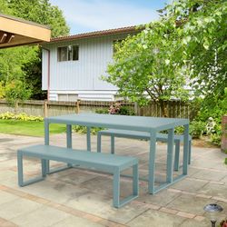 3-Piece Outdoor Patio Aluminum Dining Set with 1 Rectangular Picnic Table and 2 Benches