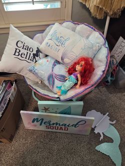 Mermaid Theme Room Decor Bundle- Pillows, Ariel Dolls, Signs