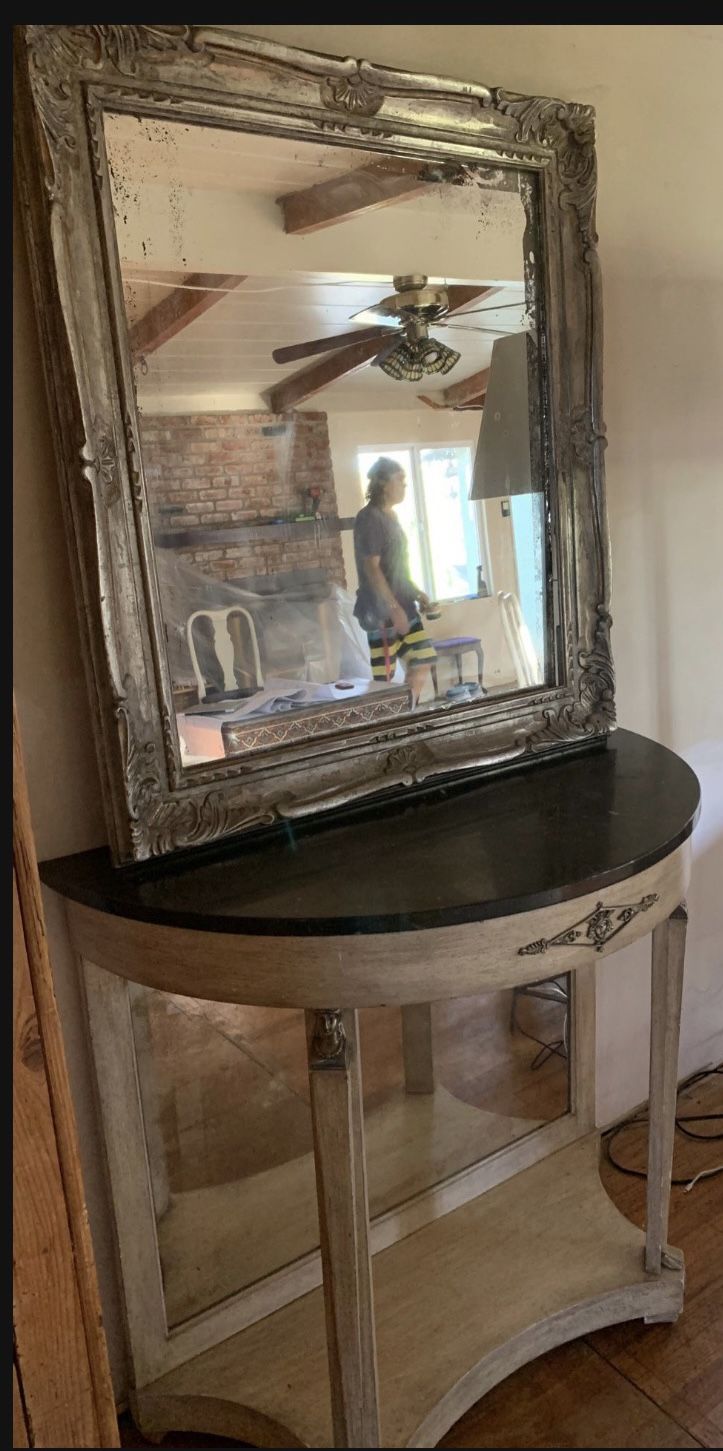 Marble And Wood Mirrored Console End Table Half Moon Antique Table With Mirror