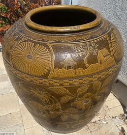 MONUMENTAL HAND-CARVED VERY LARGE ASIAN STONEWARE VESSEL / GARDEN URN,