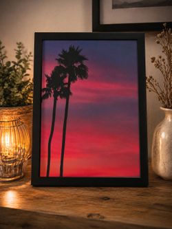 Palm Tree Sunset Framed Wall Art – Tropical Photography – Black Frame – Ready to Hang