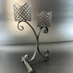 Vtg Black Metal Double Pillar Candle Holder Mini Plant Stand Boho Retro MCM 15"