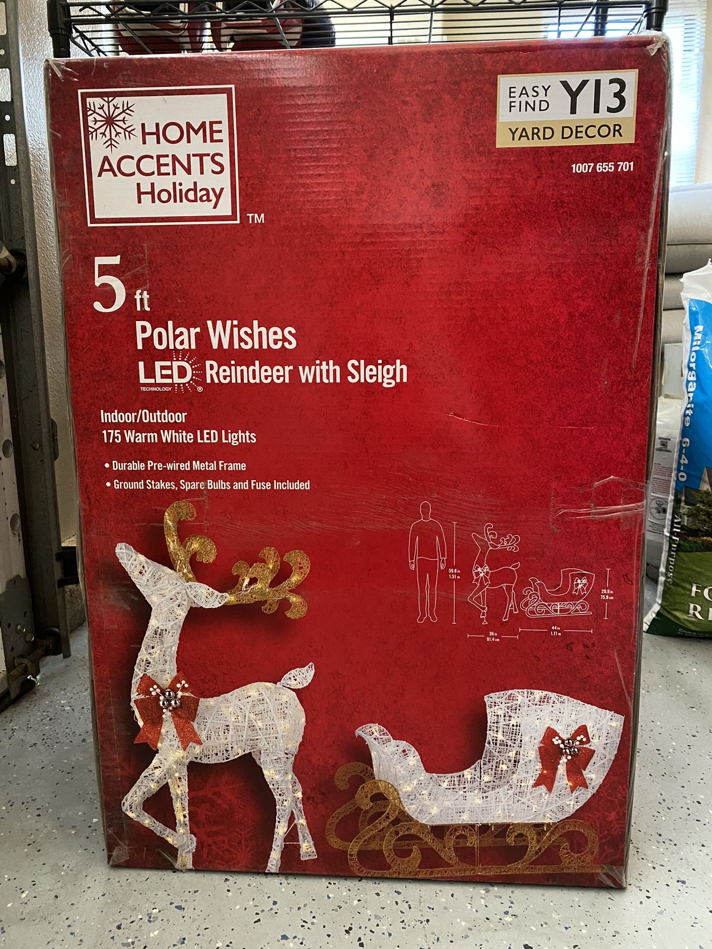 Christmas Decoration ~ 5ft LED White Reindeer & Sleigh