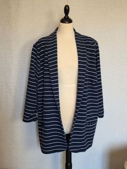CJ Banks Women's Open Blazer Jacket Navy White Striped Pockets Stretch ~ Size 3X