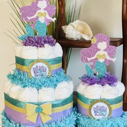 MERMAID turquoise and purple baby shower diaper cakes