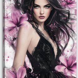 Fashion Woman Wall Art Black And Purple - Pink Floral Canvas