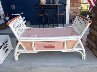 Handpainted & restored rattan wicker bench
