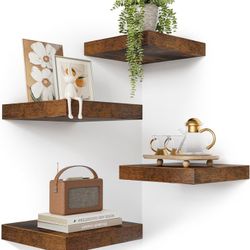 New Set of 4 Corner Floating Shelf Rustic Wood Wall Mounted