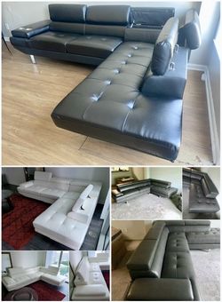 MODERN LEATHER SECTIONAL WITH CUP HOLDERS AND ADJUSTABLE HEADRESTS $575!! BRAND NEW IN BOXES!!  Available in black , white and gray !!  9ft by 7 ft 