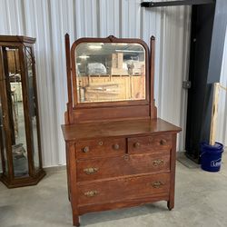 Antique Oak, Four Drawer, Dresser With Mirror