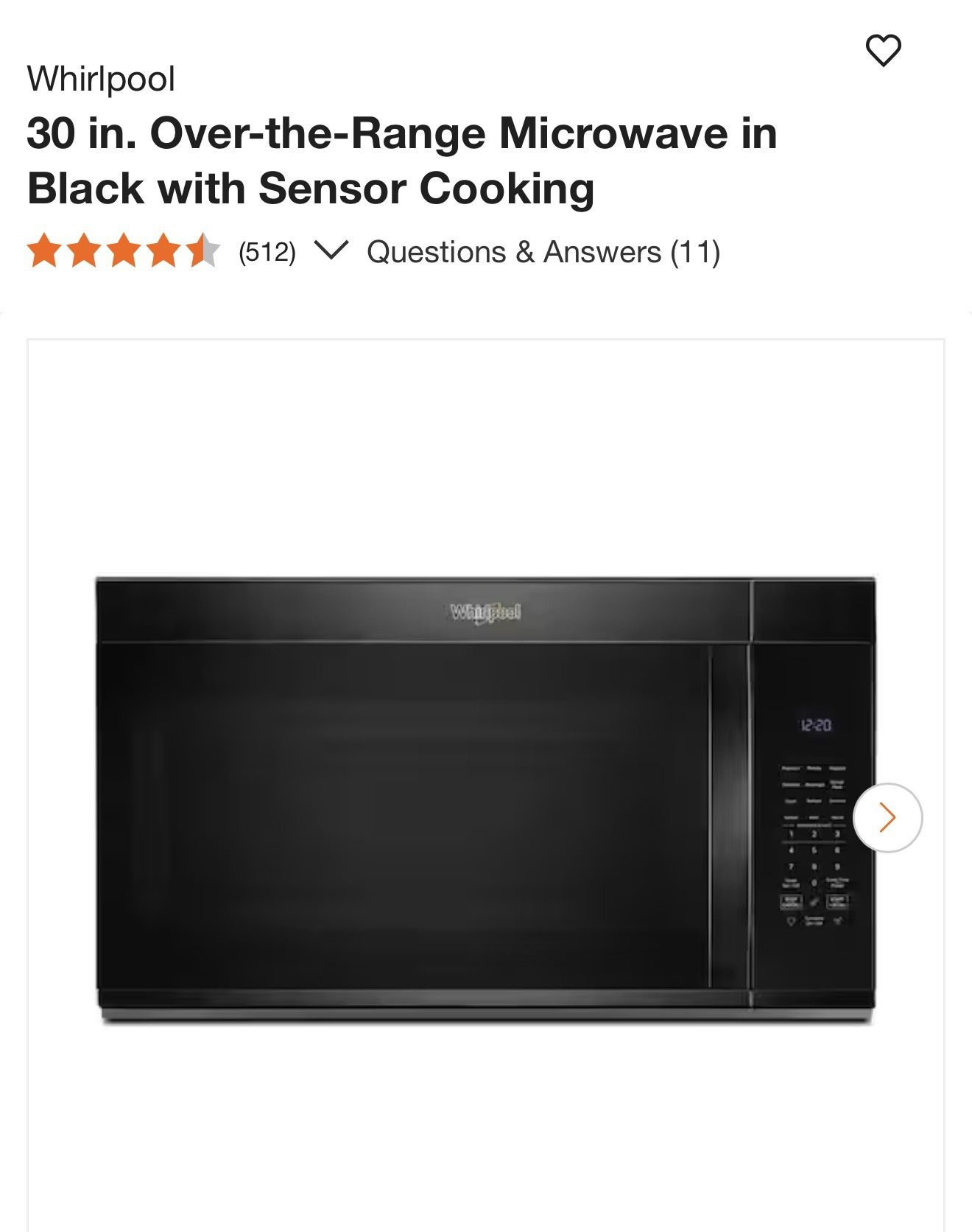 Whirlpool 30 in. Over-the-Range Microwave in Black with Sensor Cooking